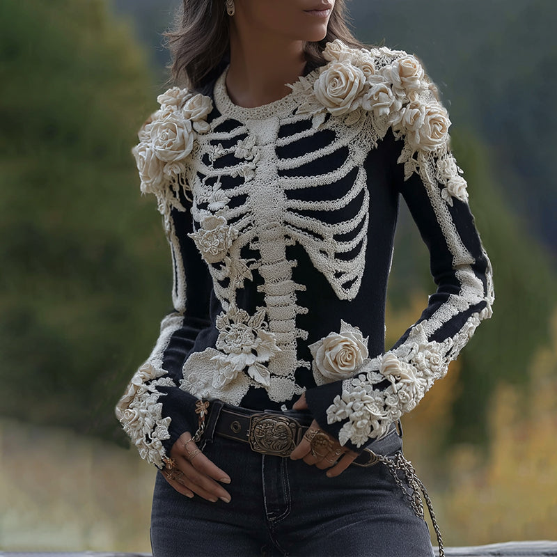 Women's Halloween Skeleton Bones With Roses Art Knitted Warm Sweater artswardrobe