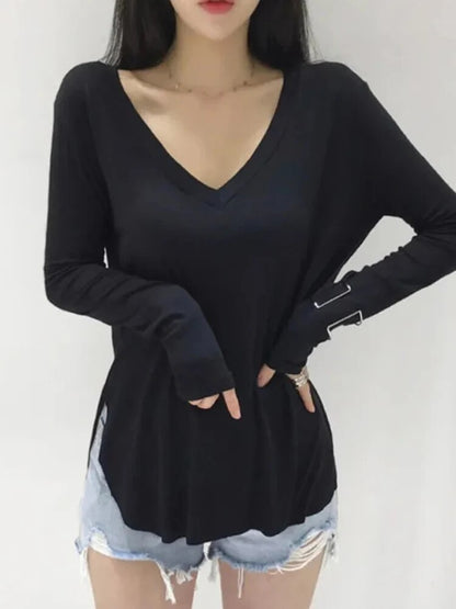 V Neck T Shirt for Spring Korean Style Woman Clothes Basic T Shirts Long Sleeve Tops Loose Tee Shirt Camisetas