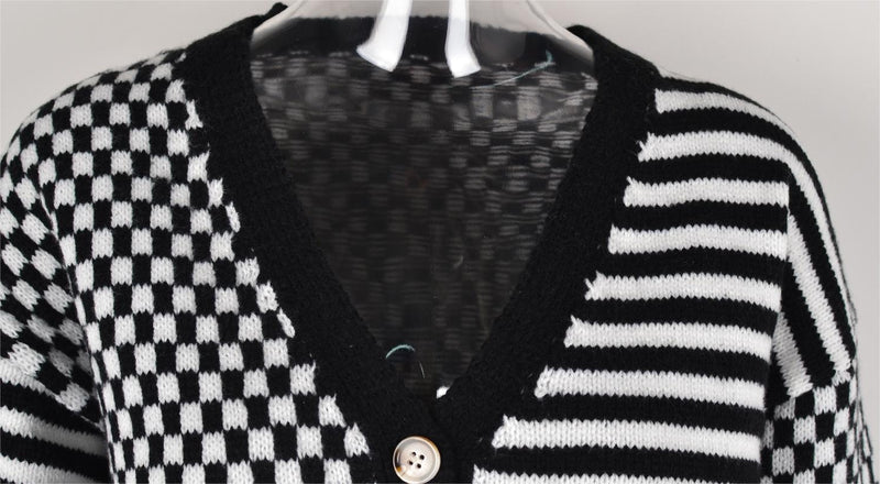 Autumn Winter Knitted Plaid Stitching Striped Cardigan Coat Sweater