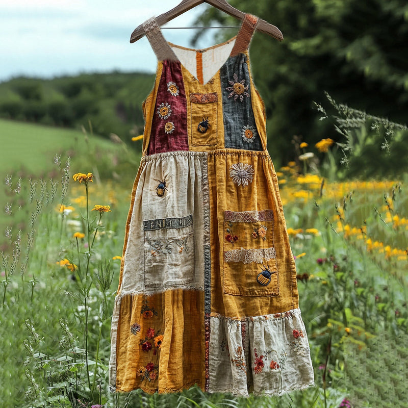 Insect Wildflower Floral Embroidery Art Linen Tank Dress elevenforest