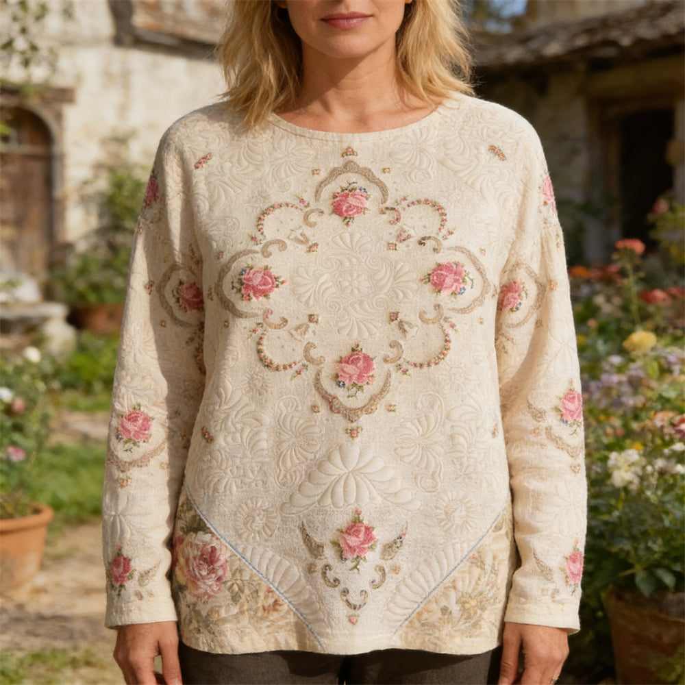 Vintage Floral Art Pattern Women's Linen Long Sleeve Shirt elevenforest