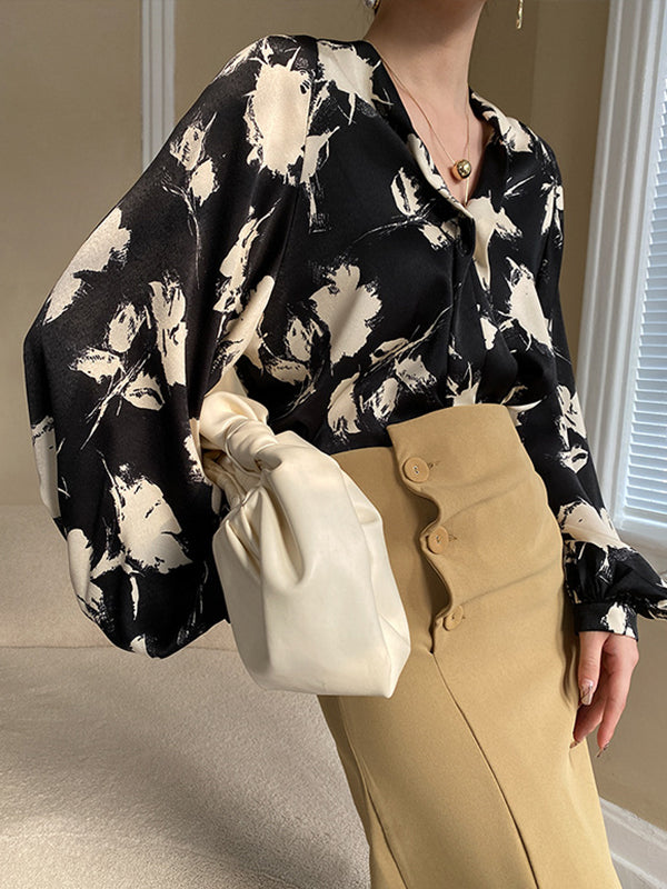 Loose Puff Sleeves Printed V-neck Blouses&shirts Tops
