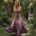 Vintage Gradient Purple Floral Embroidered Linen Sleeveless Maxi Dress elevenforest