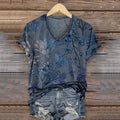 Women's Retro Floral Print Casual V-neck T-shirt elevenforest