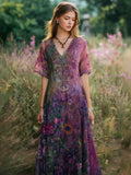 Boho Vintage Floral Pattern V Neck Linen Maxi Dress elevenforest