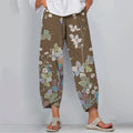 Comstylish Women's Retro Japanese Floral Art Print Linen Blend Casual Pants