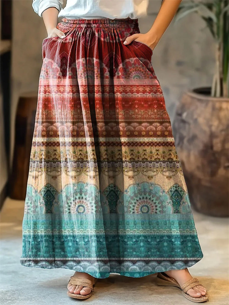 Women's Ethnic Striped Pattern Art Print Cotton Skirt elevenforest