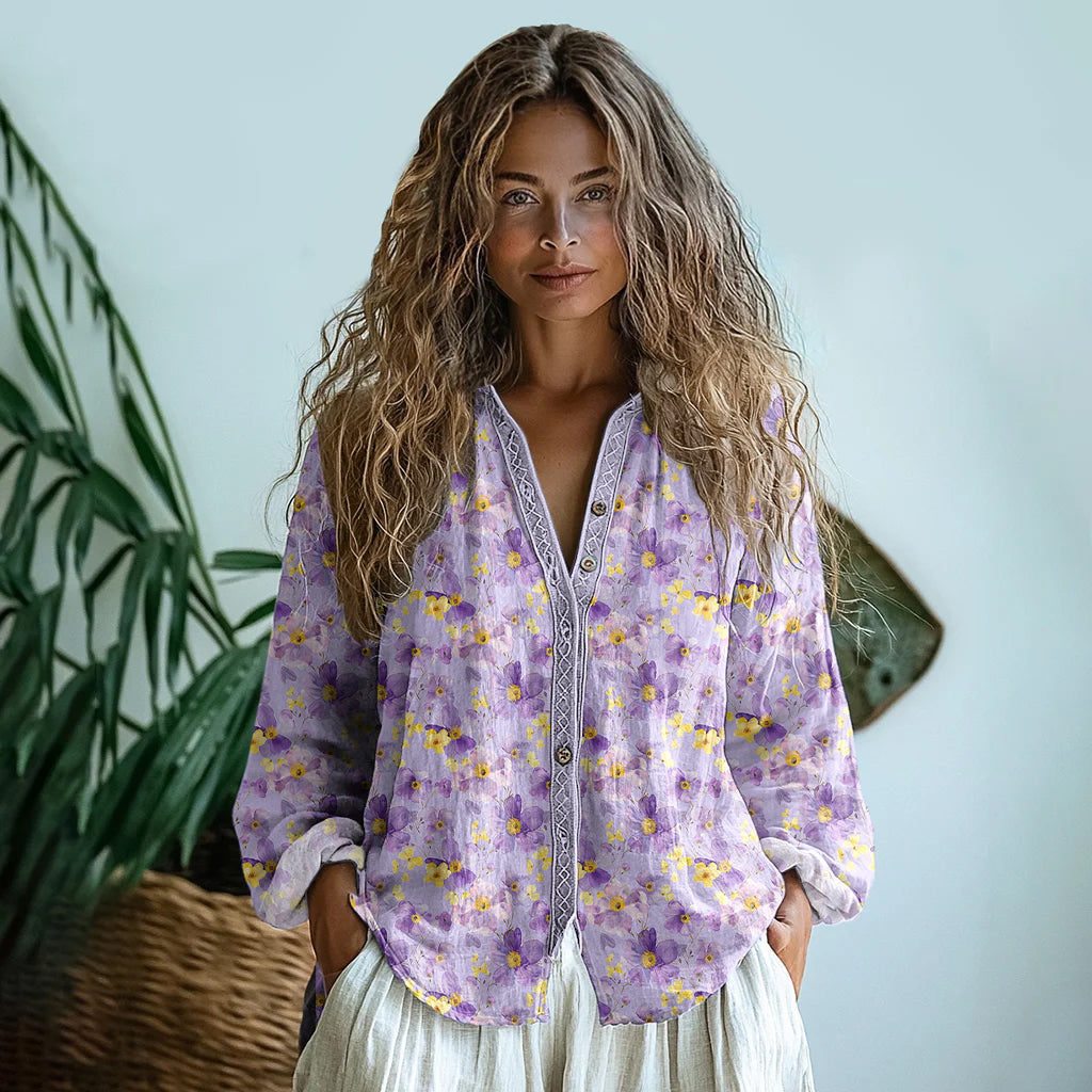 Vintage Wildflowers Floral Art  Linen Print  Long Sleeve Shirt elevenforest