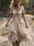 Bohemian Pink Floral Vintage White Linen Vintage Lace V-neck Short-sleeved Long Dress elevenforest