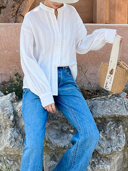 Long Sleeves Loose Buttoned Pleated Color Split-joint Stand Collar Blouses&shirts Tops