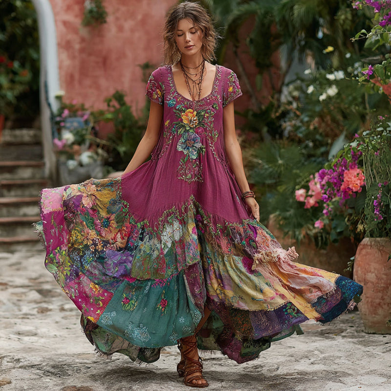 Women's Retro Flower Embroidery Patchwork Art Round Neck Short Sleeve Maxi Dress elevenforest