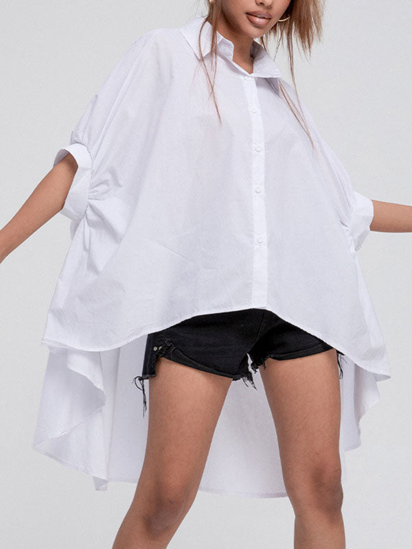 Batwing Sleeves High-low Color Lapel Blouses&shirts Tops