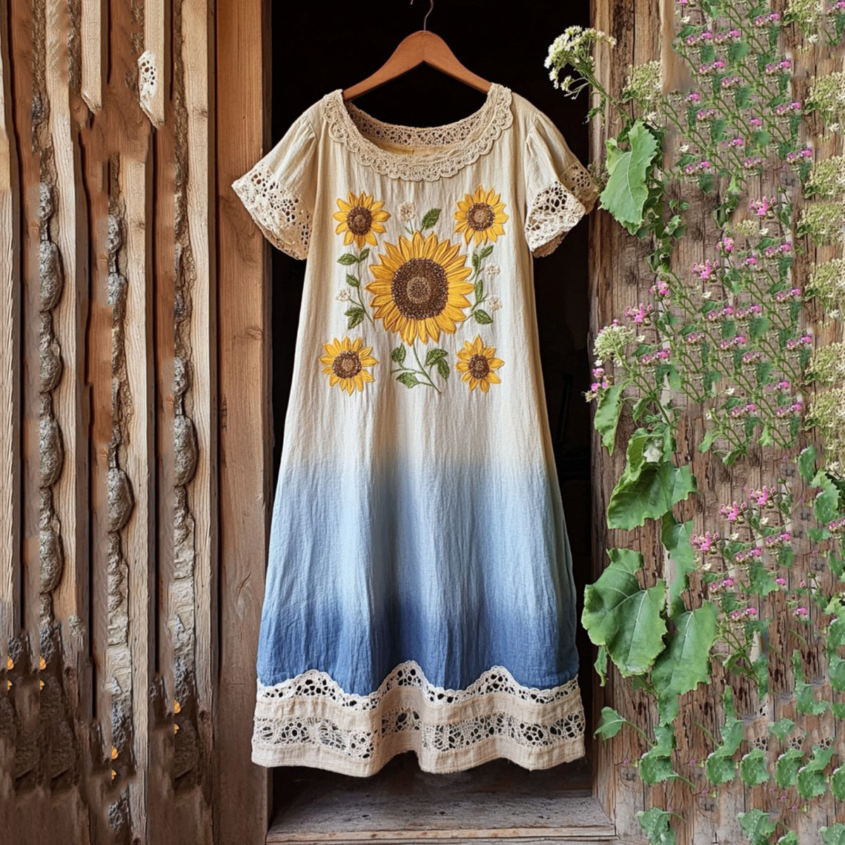 Ukrainian Sunflower Gradient Cozy Midi Dress elevenforest