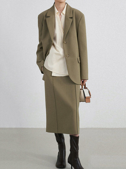 Loose Buttoned Color Long Sleeves Lapel Blouses&shirts Tops + Skirts Bottom + Notched Collar Blazer Outerwear Three Pieces Set