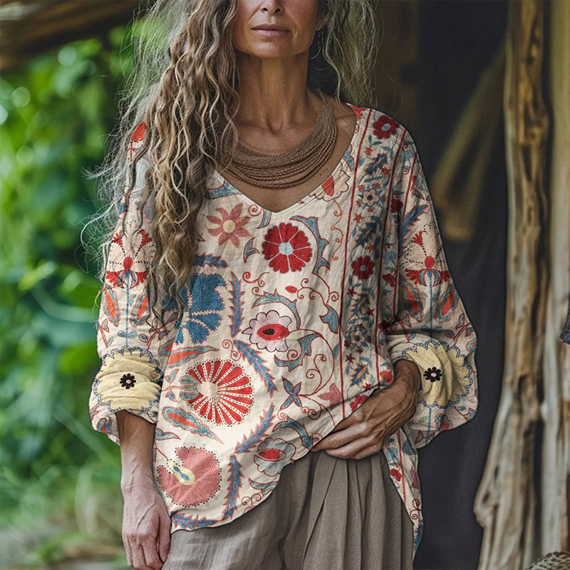 Comstylish Ethnic Floral Suzani Embroidered Pattern Linen Tunic