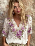 Boho Lace Floral Embroidery Women's Linen V-neck Short Sleeve Shirt elevenforest