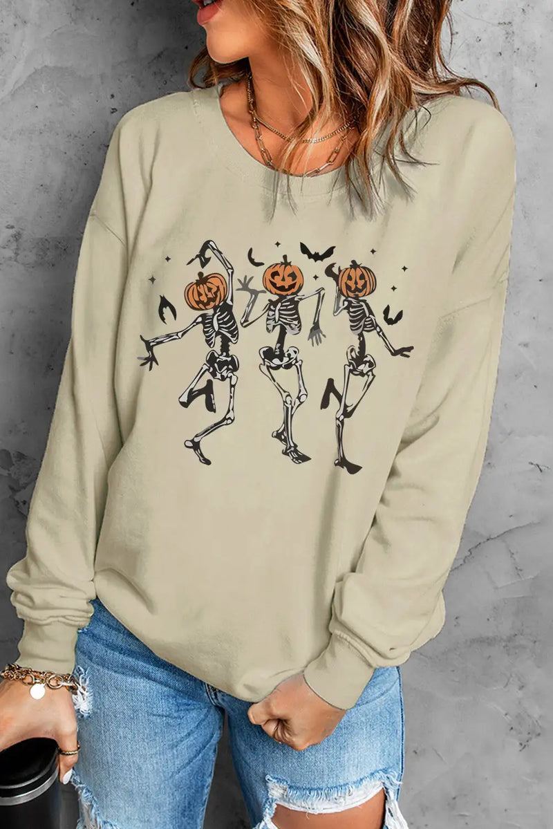 Khaki Skeleton Pumpkin Graphic Sweatshirt