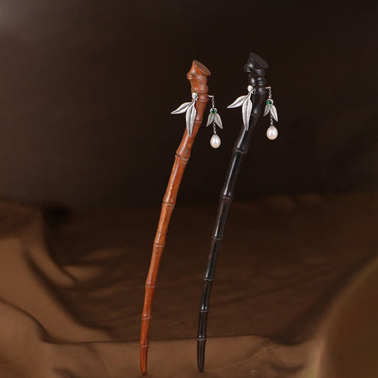 925 Sterling Silver Chinese Hairpin With Red Sandalwood and Ebony