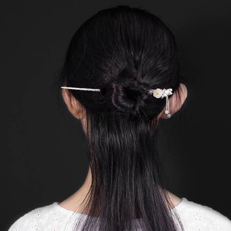 925 Sterling Silver Hetian White Jade Flower Blessing Chinese Hairpin