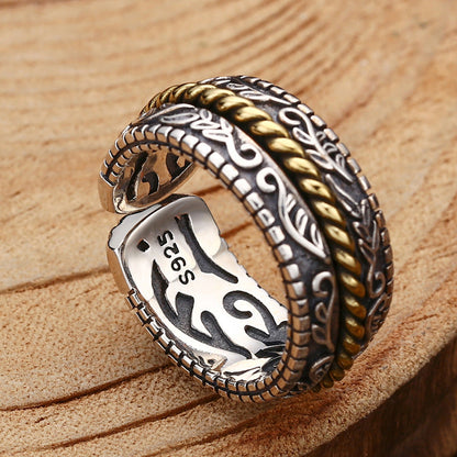 925 Sterling Silver Tang Dynasty Flower Design Luck Adjustable Ring