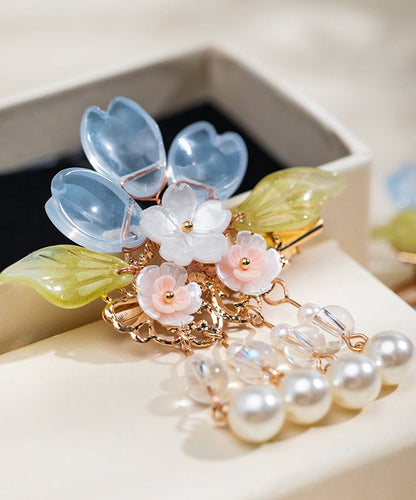 Diy Colorblock Copper Alloy Pearl Colored Glaze Tassel a Pair Hairpin