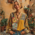 Women's Bohemian Patchwork Art Floral V-neck Linen Long Sleeve Top elevenforest