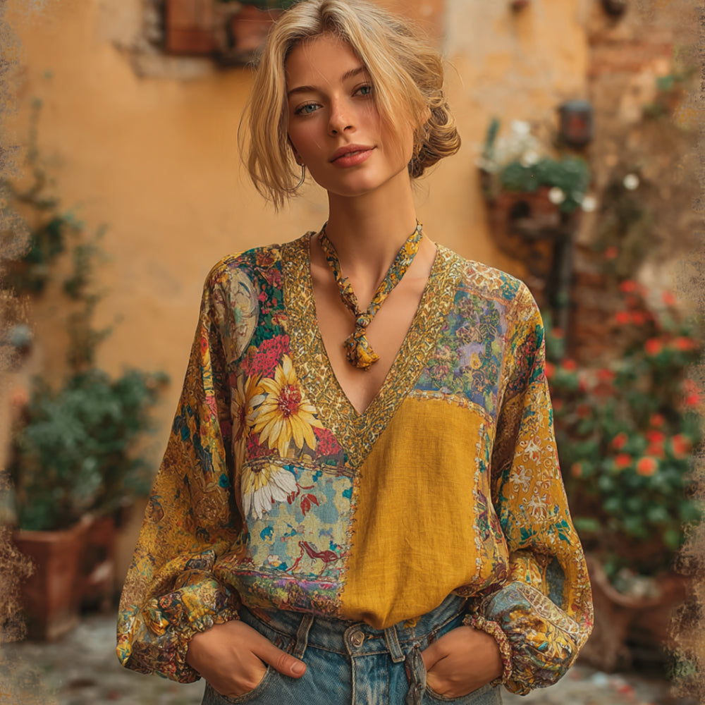 Women's Bohemian Patchwork Art Floral V-neck Linen Long Sleeve Top elevenforest