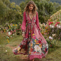 Women's Vintage Floral Art Print V-neck Long Sleeve Maxi Dress elevenforest