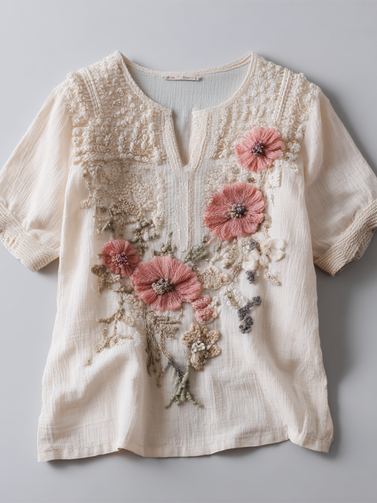 Retro Cotton And Linen Plant Flower Bohemian Style Women's V-neck Top elevenforest