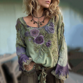 Vintage Purple Lavender And Floral Embroidered Linen Long Sleeve Shirt