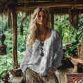 Retro Bohemian Resort Floral Art Embroidery Print Cotton And Linen Blend Loose Blouse elevenforest