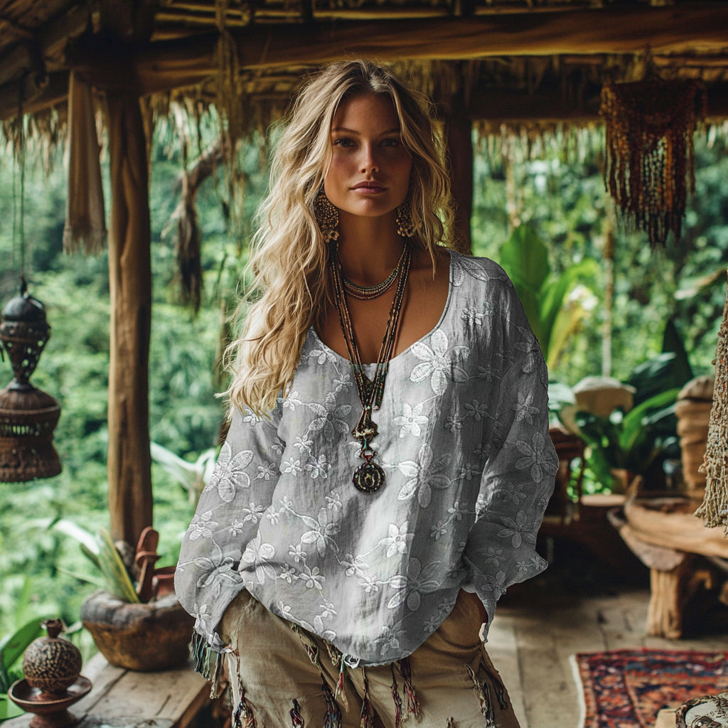 Retro Bohemian Resort Floral Art Embroidery Print Cotton And Linen Blend Loose Blouse elevenforest
