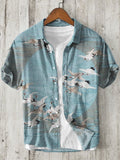 Flying Cranes in Sky Japanese Art Linen Blend Shirt elevenforest