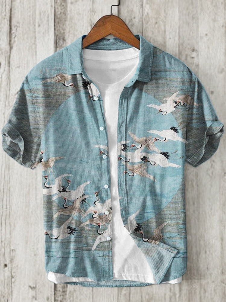 Flying Cranes in Sky Japanese Art Linen Blend Shirt elevenforest