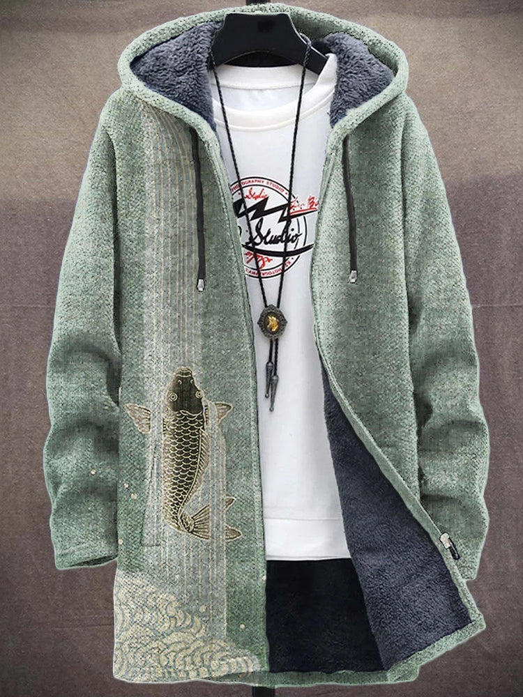 Men's Upstream Carp Japanese Art Cozy Hooded Cardigan elevenforest