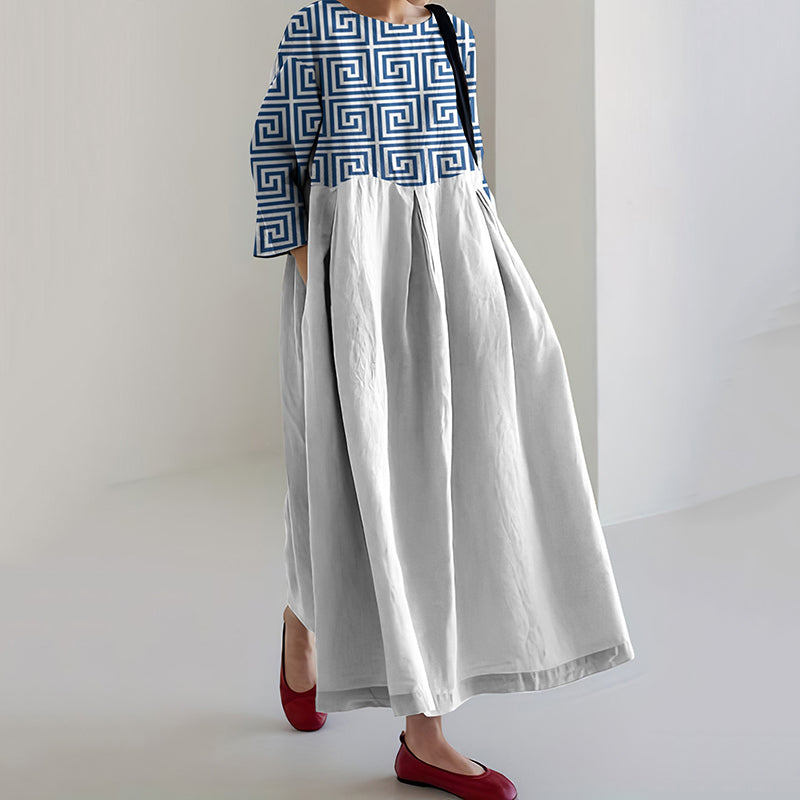 Greek Key Color Block Print Crew Neck Loose Midi Dress elevenforest