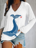 Whale Japanese Lino Art V Neck Cozy T Shirt elevenforest