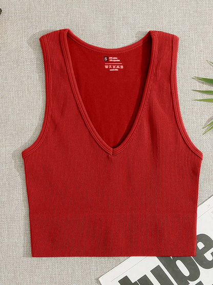 Crop Top V-neck Sports Seamless Knitted Tank Tops Ribbed Fitness Running Elastic Workout Vest Top