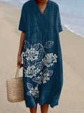 Vintage Floral Art Casual V Neck Midi Dress