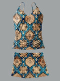 V-Neck Vintage Ethnic Pattern Print Suspender Skirt Tankini Pantskirt Set Swimsuit