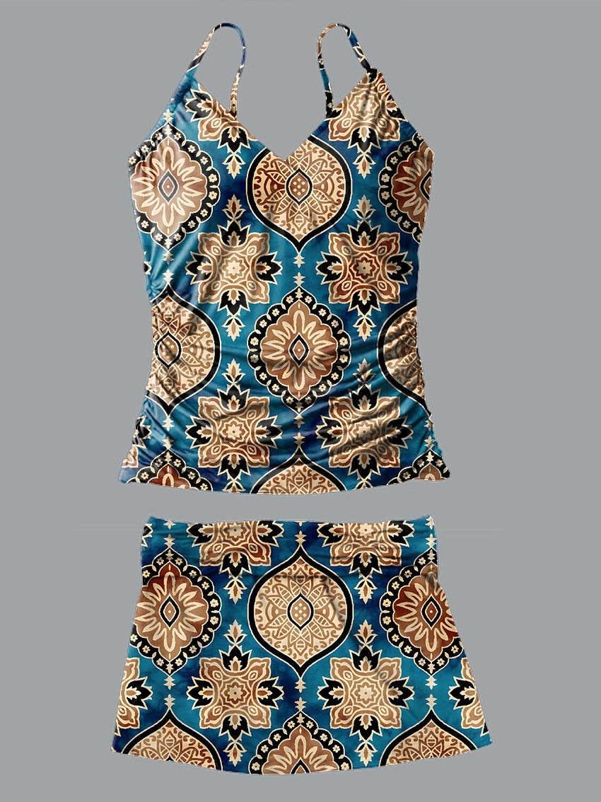 V-Neck Vintage Ethnic Pattern Print Suspender Skirt Tankini Pantskirt Set Swimsuit