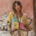 Women's Bohemian Floral Embroidery Patchwork Art Round Neck Linen Blend T-shirt elevenforest