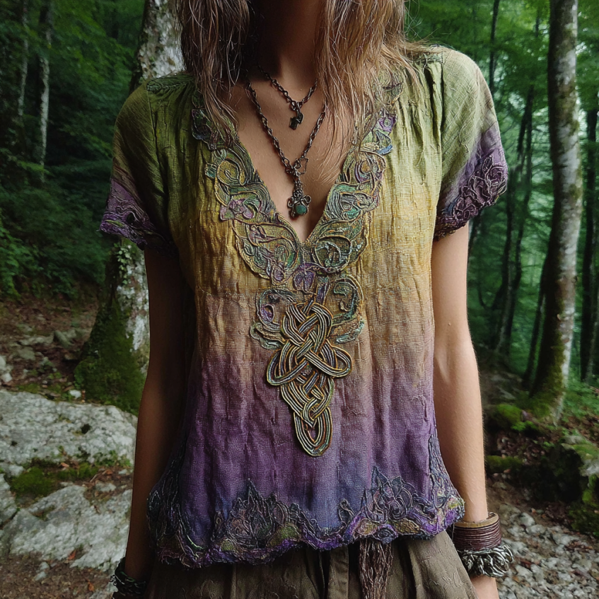 Vintage Viking Celtic Knot Gradient Art Women's Linen V Neck T-shirt elevenforest