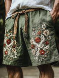 Men's Vintage Floral Embroidered Linen Blend Comfy Shorts elevenforest