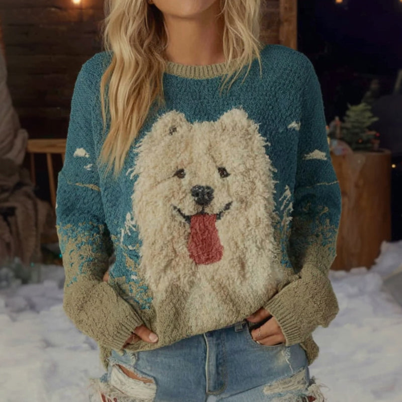 Fuzzy Gradient Samoyed Dog Felt Cozy Knit Sweater elevenforest