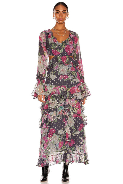 Gold Foil Stamping Frill Midi Dress