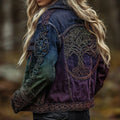 Women's Vintage Viking Celtic Knot Tree Of Life Art Gradient Pattern Denim Jacket elevenforest
