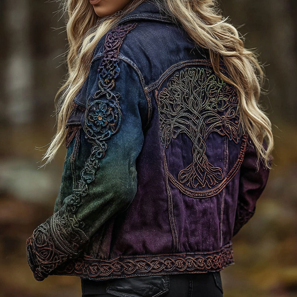 Women's Vintage Viking Celtic Knot Tree Of Life Art Gradient Pattern Denim Jacket elevenforest