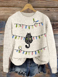 Christmas Lights Cat Embroidery Cozy Knit Sweater elevenforest