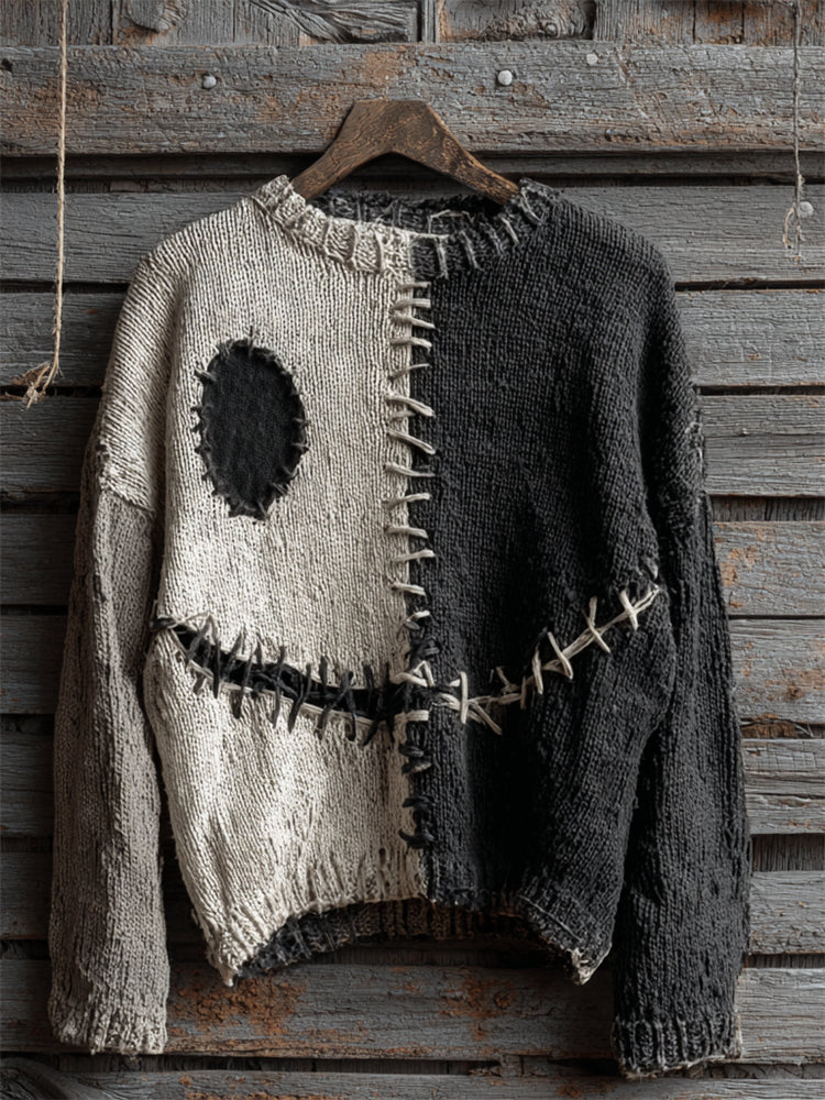 Halloween Spooky Face Contrast Stitched Cozy Knit Sweater elevenforest